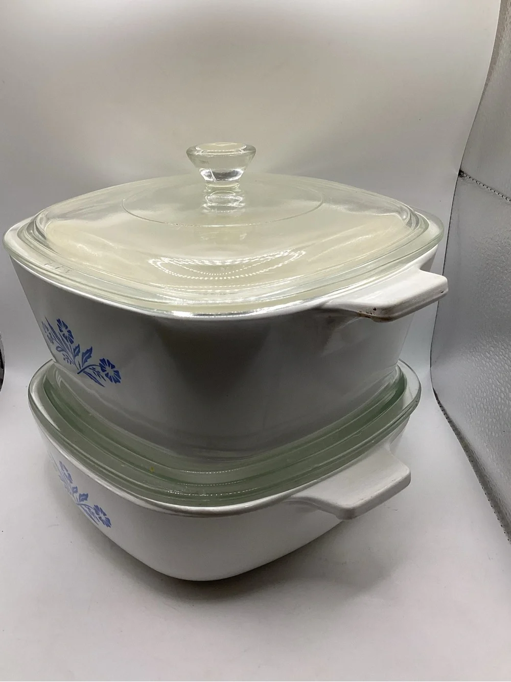 Corningware White Glass Casserole Set with Blue Cornflower Motif 1 qt & 1 3/4 qt